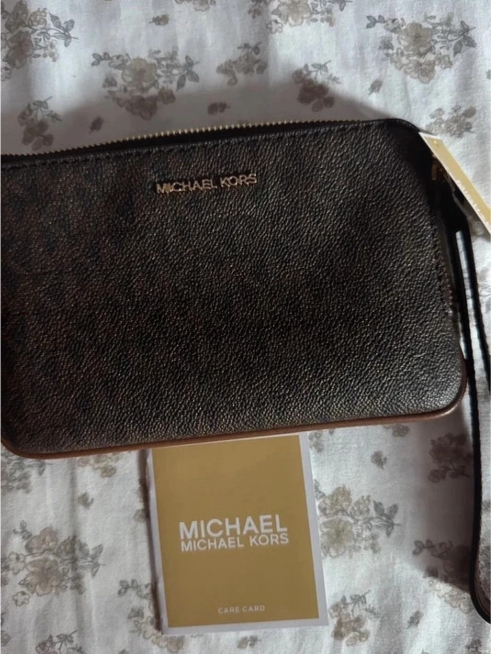Michael Kors Black Pebbled Leather Wristlet Clutch with Gold Logo Accents